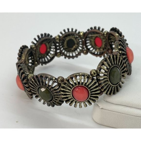 Vintage Sunburst Stretch Boho Bracelet Orange & Green Stones Gift Festival - Picture 1 of 4